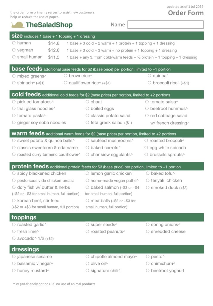 The Salad Shop UOB Plaza Menu