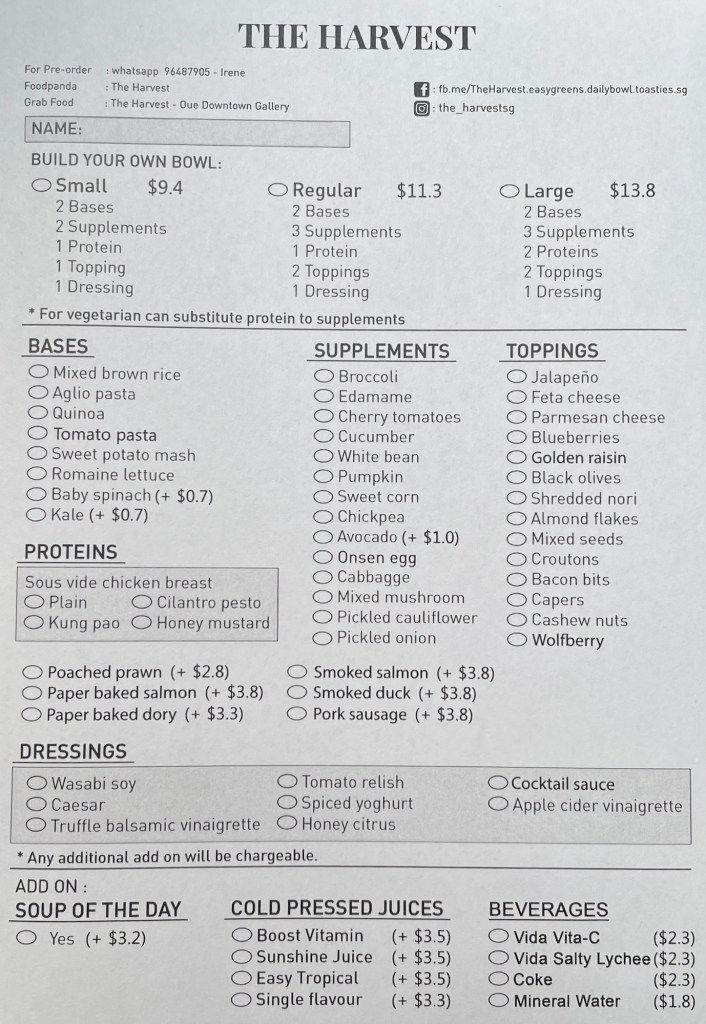 The Harvest OUE Downtown Menu
