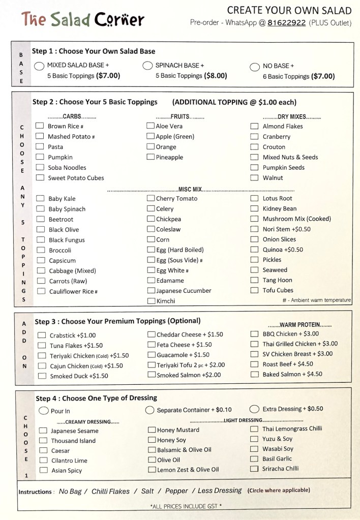 The Salad Corner Menu - August 2024